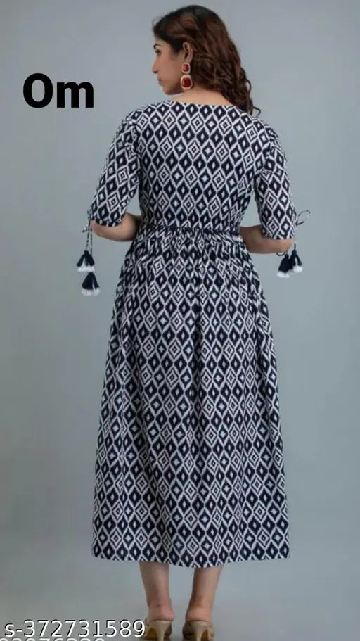Celestial blue rayon gown, flattering three-quarter sleeves, intricate prints on timeless elegance dress