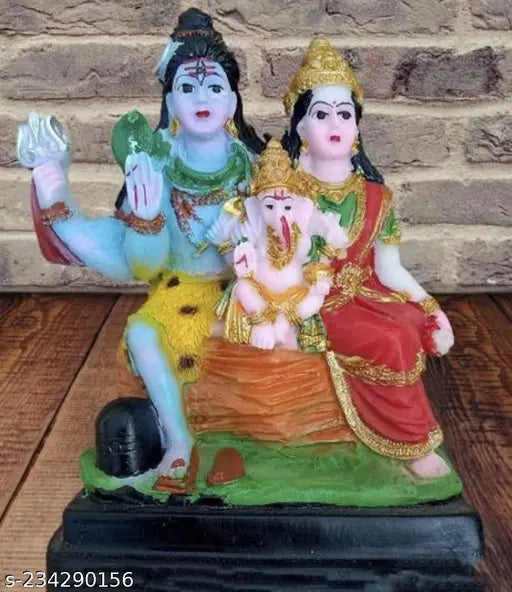 Multicolor resin Mahadev Family statue (13 inch) - ALLY Shiv Parivar Murti featuring Shiva, Parvati, and Ganesh for home decor or Vastu Pooja
