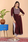 Rayon embroidered Naira cut kurti with three-quarter sleeves, available in vibrant color combinations for party, wedding, and festive wear. Handcrafted in India