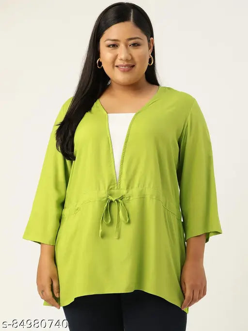 Green & white viscose rayon plus size regular top with tie-up detail, V-neck, three-quarter sleeves, and curved hem - theRebelinme from India