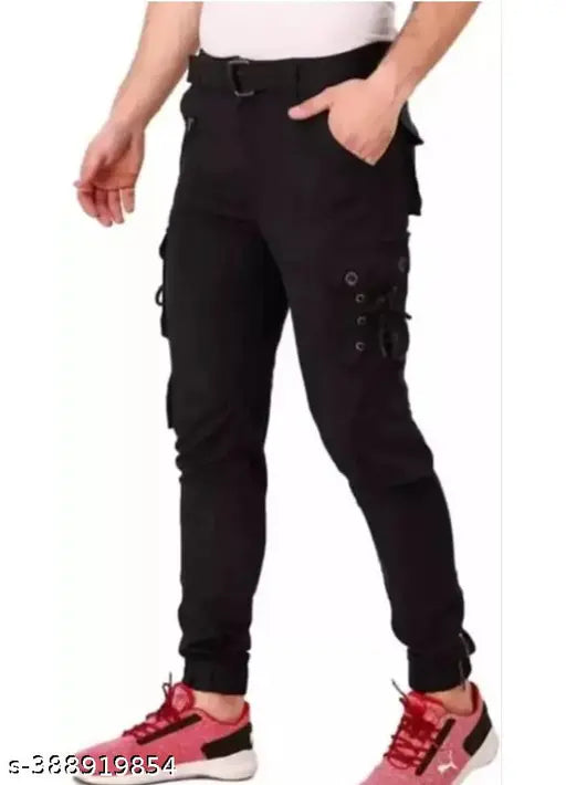 Men's black cotton-blend cargo jeans, solid design, size 28 (w:28, l:41, h:32), QRG label, Indian origin
