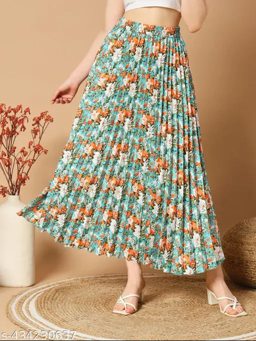 Floral pleated maxi skirt for women, crepe fabric, printed net, Western wear design with pockets. Available in sizes 26-38, origin India