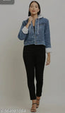 Blue washed denim cropped jacket with fur sleeves, trendy women's long sleeve denim jacket for casual wear
