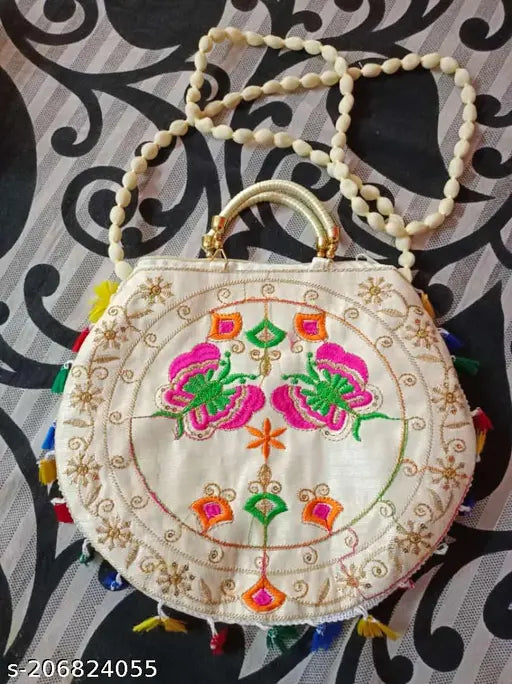 Acrylic embroidered net party bag, free size Kathiyawadi handbag from India
