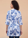 Rayon blue flower tunic with front pleats and waist string, 3/4 sleeves, mandarin collar in size 34, India origin