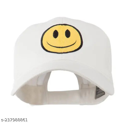White cotton unisex smile cap with printed design, ideal for both men and women