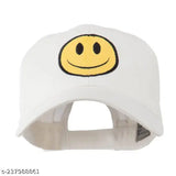 White cotton unisex smile cap with printed design, ideal for both men and women