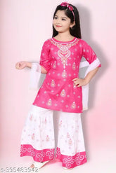 Rayon ethnic kurta palazzo sets with dupatta, printed, three-quarter sleeves for girls aged 2-5 years - Indian fashion