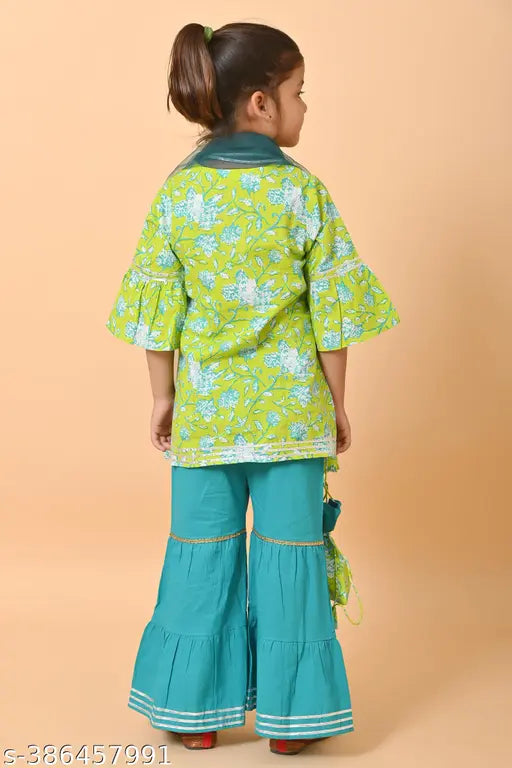 Floral print cotton anarkali kurta sharara set with dupatta, printed in vibrant Indian colors for kids aged 2-10 years