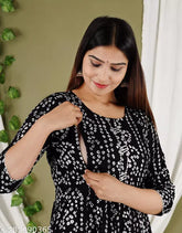 Women's Rayon Anarkali Maternity Feeding Kurti with Zipper - Printed breastfeeding-friendly kurti for nursing moms, three-quarter sleeves, multiple sizes available