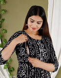 Women's Rayon Anarkali Maternity Feeding Kurti with Zipper - Printed breastfeeding-friendly kurti for nursing moms, three-quarter sleeves, multiple sizes available