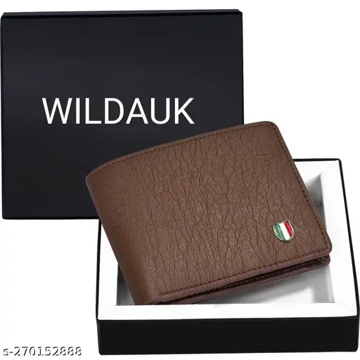 Brown artificial leather men's wallet with 3 card slots, textured pattern, compact size, and bi-fold closure. Ideal for travel, parties, or everyday use. Perfect gift accessory for men