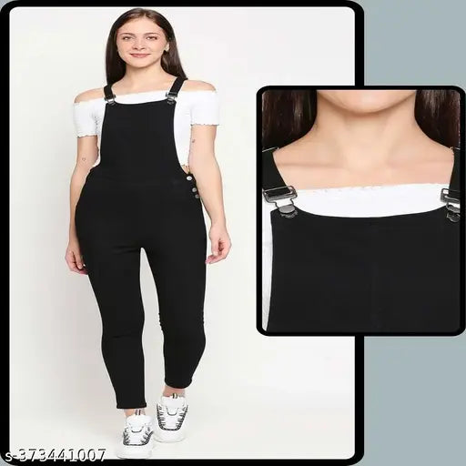 Denim stretchable high waist solid dungaree for women, size L (34in bust, 48in length, 32in waist, 34in hip) or XL (36in bust, 48in length, 34in waist, 36in hip), Made in India