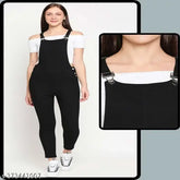 Solid denim, stretchable high waist dungaree for women (L: 34in bust, 48in length, 32in waist; XL: 36in bust, 48in length, 34in waist). Indian-made, modern casual wear