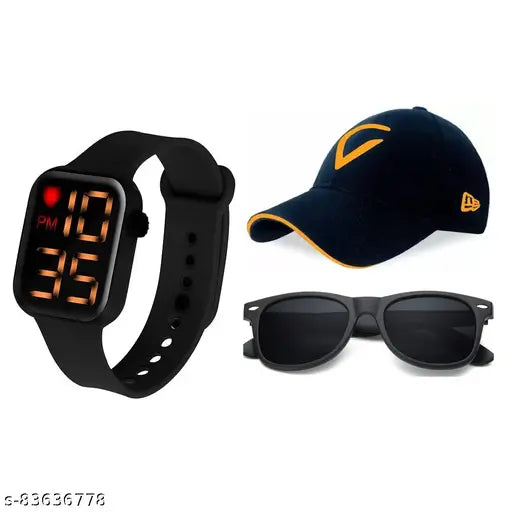 Multi-functional Tekzie digital sports watch for boys & men, cotton cap & wayfarer sunglasses combo pack of 3 - India-designed fashion accessory for outdoor activities