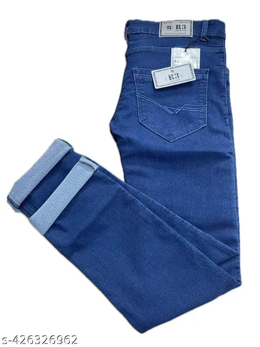 Men's denim stretchable jeans, solid pattern, comfortable for regular wear and casual occasions. Sizes: 32 (32wa-41l-37h), 34 (34wa-41l-39h), 36 (36wa-41l-41h), 38 (38wa-41l-43h). Made in India