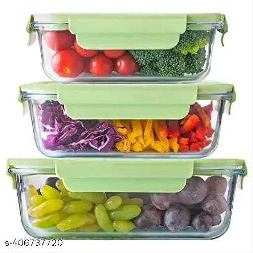 Transparent glass food storage set with 400ml, 600ml & 800ml containers, oven safe, microwave safe, freezer safe. Features break-free detachable locks, airtight and multipurpose