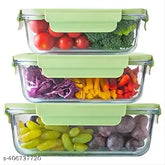 Transparent glass food storage set with 400ml, 600ml & 800ml containers, oven safe, microwave safe, freezer safe. Features break-free detachable locks, airtight and multipurpose