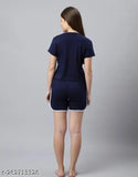 Navy Blue Color BTS printed cotton blend short sleeve t-shirt suit with matching shorts on mannequin