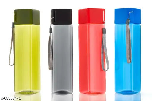 Unique square shape water bottles set of 4 colors, 1000ml each, non-toxic plastic, BPA-free, leak-proof, lightweight, refrigerator & freezer safe, India-made