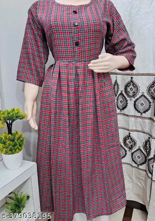Maroon three-quarter sleeve wool Anarkali kurti, checkered pattern, winter fashion