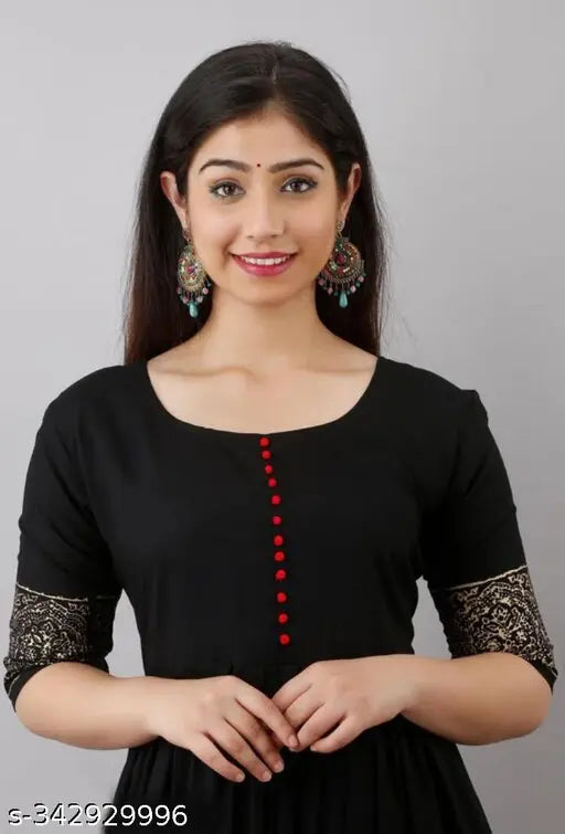 Black rayon traditional flower printed Anarkali kurta - festive wear for women and girls, three-quarter sleeves