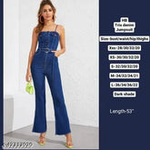 Dark-shade denim Trix jumpsuit by HighBuy - short sleeves, belted fit. Best quality Indian denim fashion