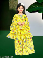 Printed chiffon girls' casual kurta and sharara set, A-line top with three-quarter sleeves. Comfortable for summer wear, best for parties. Sizes: 1-2 Years - 6-7 Years. Made in India