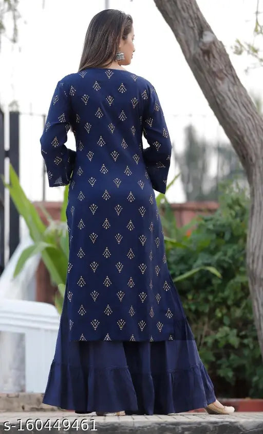 Blue printed rayon straight kurta and sharara set, three-quarter sleeves, Indian women's fashion on mannequin