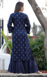Blue printed rayon straight kurta and sharara set, three-quarter sleeves, Indian women's fashion on mannequin