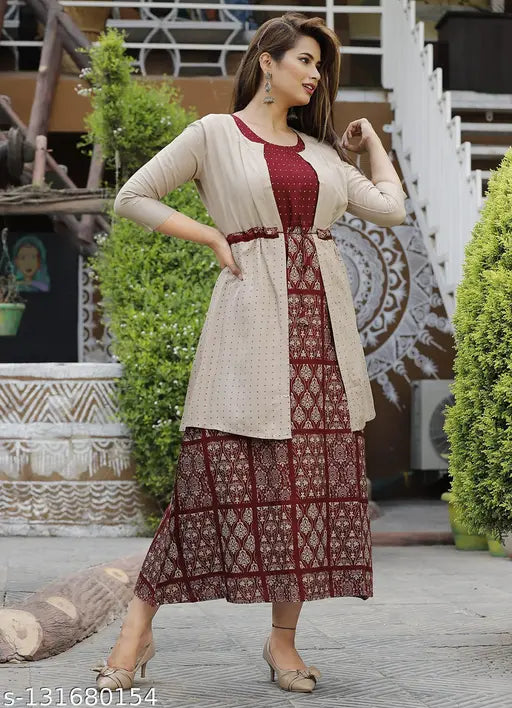 Rayon long sleeve printed kurti with jacket, beautiful women's style from Veshvilla, various sizes available