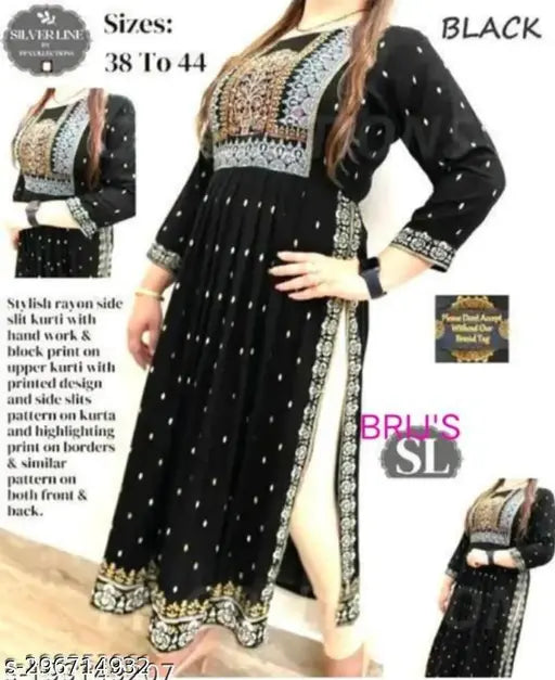 Black rayon kurti with hand-worked print, long sleeves, quality fashion for women