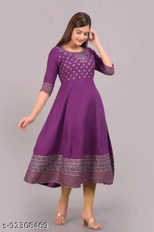 Rayon women's three-quarter sleeve Anarkali Kurtis with printed combo, soft and smooth fabric, India origin