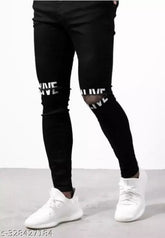 Designer black denim knee-cut jeans, latest style for men's slim fit, solid fabric with waist size 28in/30in/32in and length size 40in, made in India