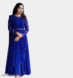Navy blue georgette designer gown for girls & women with long sleeves, hot fix work, and waist belt. Includes dupatta." (106 characters)