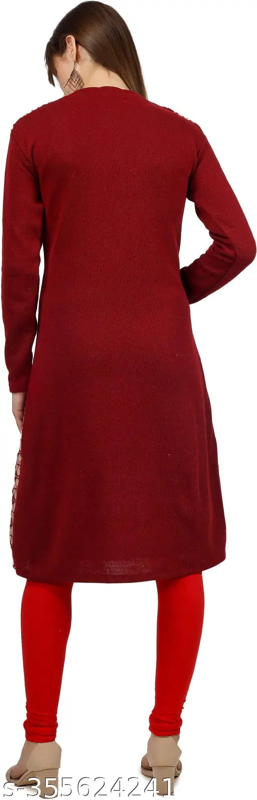 Long-sleeved, embroidered wool A-line kurta in vibrant prints. Indian women's fashion wardrobe staple." (125 characters)