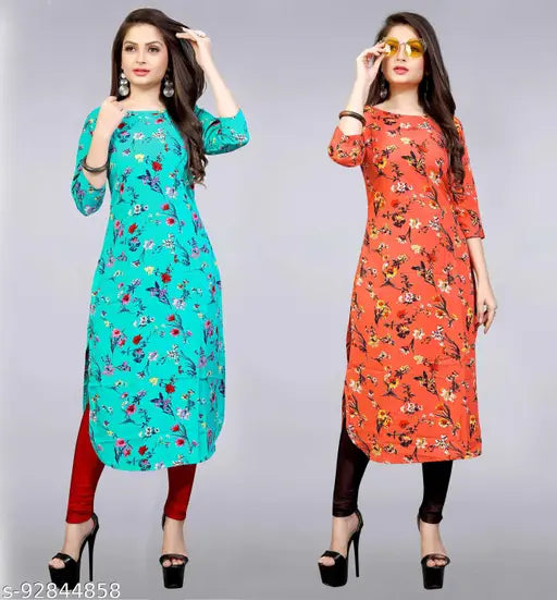 Colorblocked crepe Apple Cut kurtis for women, showcasing two sizes (S-XXL), Indian printed long-sleeved styles