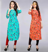 Colorblocked crepe Apple Cut kurtis for women, showcasing two sizes (S-XXL), Indian printed long-sleeved styles