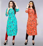 Colorblocked crepe Apple Cut kurtis for women, showcasing two sizes (S-XXL), Indian printed long-sleeved styles