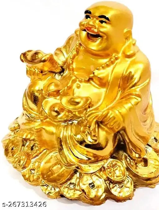 Laughing Buddha poly resin figurine with Luck Money coins, golden ingot - Feng Shui wealth symbol