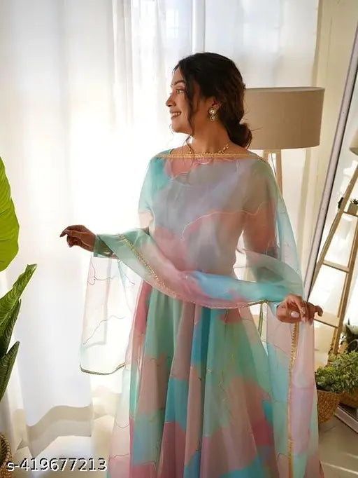 Multicolor georgette, colorblocked three-quarter sleeve western dress for girls. New fashion, knee length skater party wear, one piece dress. Nobottamwear kurti with traditional floral print and dupatta. Indian origin