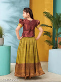 Aarika Girls Maroon & Green Brocade Lehenga Cholis, hand-embroidered with lace work, half sleeves, for 5-11 year-olds, Indian origin