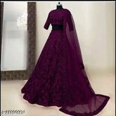 Trlehenga for women - taffeta silk, embellished in partywear style, with solid net dupatta. Free Size (Lehenga waist 44in, Lehenga length 42in, Duppatta length 2in), origin India