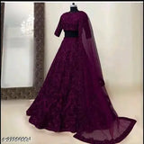 Trlehenga for women - taffeta silk, embellished in partywear style, with solid net dupatta. Free Size (Lehenga waist 44in, Lehenga length 42in, Duppatta length 2in), origin India