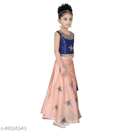 Fashionable sleeveless jacquard lehenga choli with embroidered patterns, perfect for girls' events & parties. Made in India