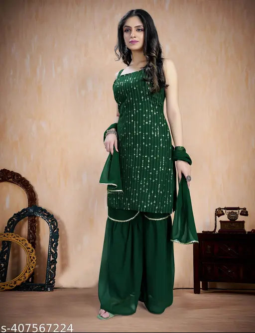 Georgette Sequin Embroidered Women's Kurta Sharara Set with Dupatta, Indian fashion for any occasion