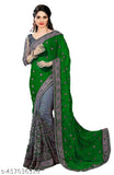 Green Lycra saree fabric with embroidered solid net blouse, Indian attire for free size women