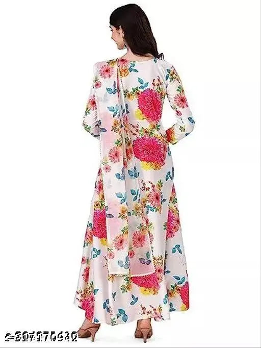 Women's printed Georgette flared dress with Dupatta, full-length and long sleeves, perfect for parties and weddings