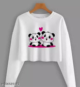 Cotton blend croptop hoodie with panda print for women, long sleeves