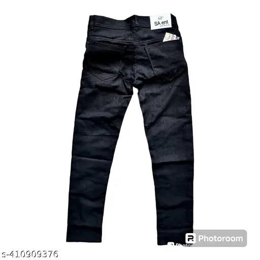 Men's black cotton panda-ripped jeans with playful embroidered panda patch. Solid denim, strategic knee rips, and versatile black color for casual or festival wear. Sizes: 28 (waist 28in, length 39in), 30 (waist 30in, length 39in), 32 (waist 32in, length 39in). Made in India